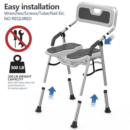 U-Shape Shower Chair for Inside Shower with Arms and Back | Folding Shower Chair with Adjustable Height, Tool-Free, Shower Chair for Elderly and Disabled, Pregnant, Handicap, FSA/HSA