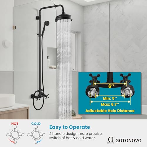 gotonovo Exposed Shower System Wall Mount,Matte Black,Metal Handheld | 8” Rain Shower Head Faucet Set Fixtures,2 Function,Two Cross Handle,Height Adjustable,for 5-6.7" Hole,Indoor Victorian Retro - color: Black