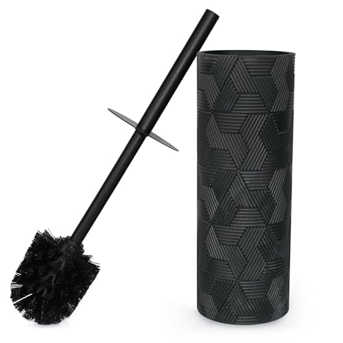 Matte Black Geo Design Resin Toilet Bowl Holder and Brush Set, Stylish Geometric Design with Durable Bristles, Compact and Modern - style: Matte Black Geo