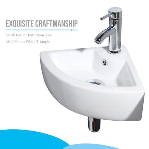 Wall Mount Triangle Corner Bathroom Sink with Faucet&Drain Kit 12.8x12.8in | Glossy stain-resistant ceramic; fast draining bowl; full mounting hardware; measure corner wall space before ordering - style: with Faucet&Drain Set