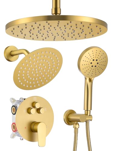 Woindo Shower Faucet Set 10" Rain Shower Head/8'' Side Shower Head and 3 Setting Handheld Ceiling Mount 3 Push Button Diverter Complete Rainfall Round Shower System Included Valve Trim Kit - color: Brushed Gold, style: 10"-R-Ceiling-02