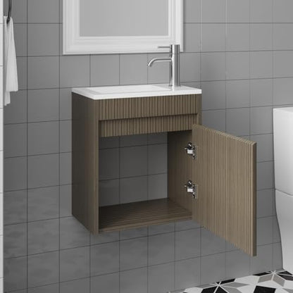 wonline 16" Small Bathroom Vanity Sink Combo Modern Wall Mounted Floating Cabinet W/Resin Basin Sink Top, Chrome Water Save Faucet & Pop Up Drain - color: Brown Wood Grain