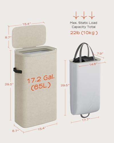 CASAMAYA Laundry Basket with Lid, Slim Laundry Hamper, 65L collapsible Laundry Organizer, Easy Assembly, with Handles and Removable Liners, 15.4 x 8.7 x 29.5 Inches, Beige JSP901M - color: Beige, size: 65L(1-Section)