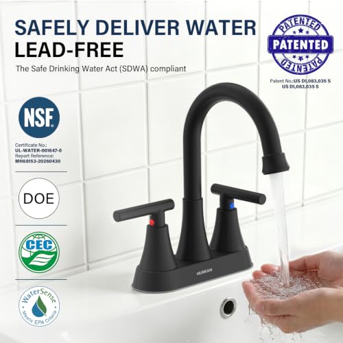 Matte Black Bathroom Faucet, Hurran 4 inch Centerset 2-Handle Lead-Free | Bathroom Sink Faucet with Pop-up Drain and Supply Lines, Stainless Steel Faucet for Vanity RV Restroom Laundry Outdoor Sink - color: Matte Black