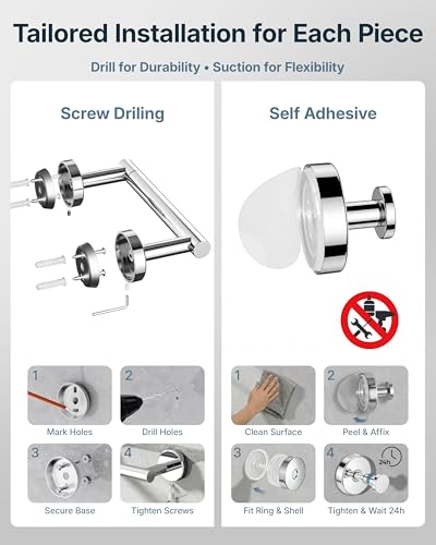 RARXTR 3PCS Bathroom Hardware Set, Polished Chrome Wall Mounted Toilet Paper Holder, 2 Suction Cup Towel Hooks, Bathroom Accessories SUS 304 Stainless Steel, Rust-Proof, Modern - color: Polished Chrome