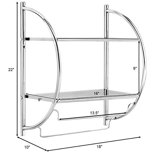 Tangkula Wall Mount 2 Tier Bathroom Shelf with Bars, 18" W X 10" D X 22" H, Home Toilet Double Layer Rustproof Chrome Shelf - color: Silver