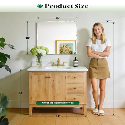Frameless Bathroom Mirror, 30"x36" Beveled Wall Mirror | Frameless Mirror over sink, Living Room, Bedroom, Vanity, Entryway, Fireplace, Hangs Horizontally or Vertically - size: 36"L x 30"W