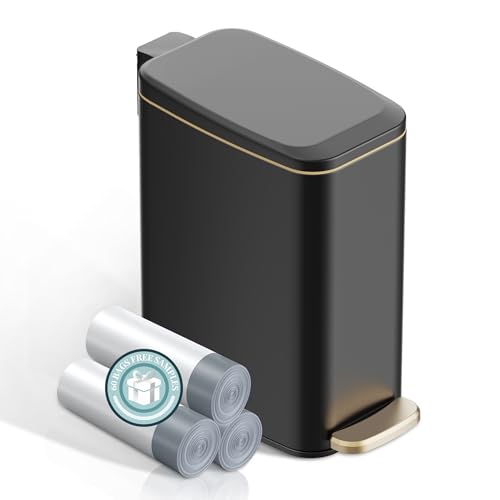 KSSKSS 1.6 Gallon/6L Small Bathroom Steel Step Trash Can, Soft-Close Lid & Fingerprint-Proof, Slim Wastebasket for Narrow Spaces (Black) - color: Black