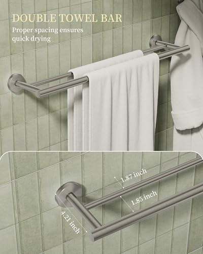 Brushed Nickel Bathroom Hardware Accessories Set 5 pcs Towel Holder Bar Set | 24 inches Stainless Steel Towel Bar, Towel Racks for Bathroom Robe Towel Hooks Toilet Paper Holder Wall Mounted by BATHLAVISH - color: Brushed Nickel