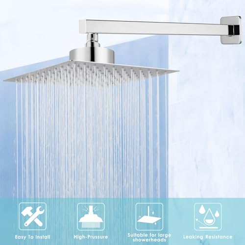 Shower Arm with Flange, 16 Inches Wall Mount Square Straight Extension Arm, Replacement of Fixed Rain Shower Head Pipe, Chrome - color: Chrome