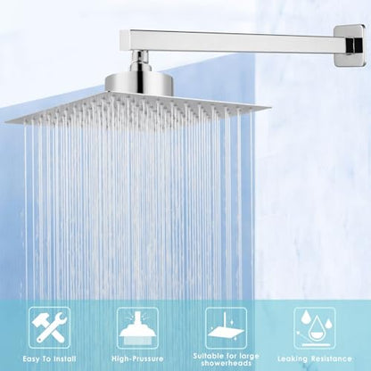 Shower Arm with Flange, 16 Inches Wall Mount Square Straight Extension Arm, Replacement of Fixed Rain Shower Head Pipe, Chrome - color: Chrome