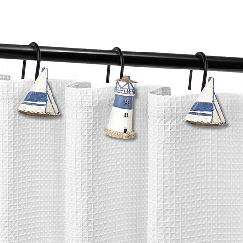 Sunlit Nautical Shower Curtain Hooks, Home Decorative Coastal Shower Curtain Rings with Black Hooks for Bathroom, Resin, Ocean Shower Curtain Hanger Hooks, Set of 12, Blue Lighthouse Sailboat - size: Sailboat & Lighthouse With Black Hooks