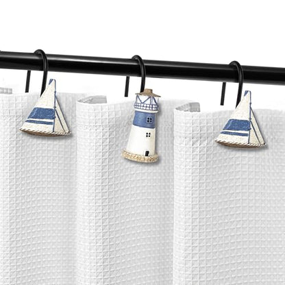 Sunlit Nautical Shower Curtain Hooks, Home Decorative Coastal Shower Curtain Rings with Black Hooks for Bathroom, Resin, Ocean Shower Curtain Hanger Hooks, Set of 12, Blue Lighthouse Sailboat - size: Sailboat & Lighthouse With Black Hooks