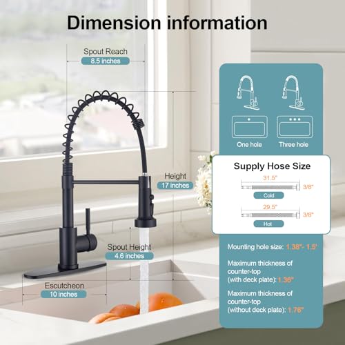Kitchen Faucets with Pull Down Sprayer, Matte Black Stainless Steel Single Handle Pull Out Spring Sink Faucet, 3 Function Sprayer 1 or 3 Hole Deck Plate for Farmhouse Laundry Rv Bar - color: Matte Black, style: Classic