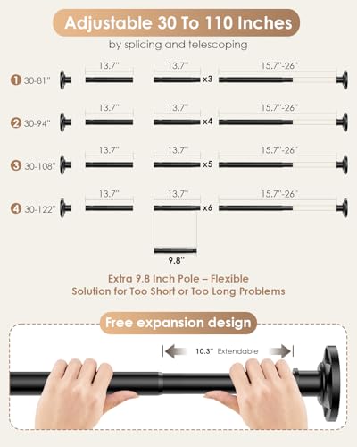 Matte Black Extra Long Tension Shower Curtain Rod No Drilling Adjustable 30-108 In(9ft) 1.1" Diameter Stainless Steel, Rustproof Heavy Duty, Room Divider for Bathroom Window Patio Closet - color: Black, size: 30-108''