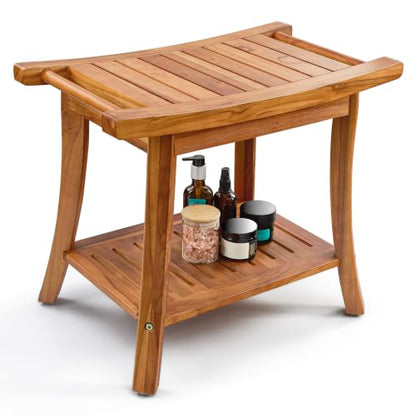 TINAMO 22" Teak L Shower Bench Seat for Inside Shower, 400Lbs Capacity | Solid Teak Wood, Sturdy 400 LBS Capacity, Slatted Design, Built-In Shelf & Handles, Non-Slip, Water-Resistant, Versatile Use