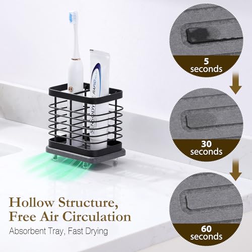 Shinowa Toothbrush Holder Wall Mounted for Bathroom 2 Slots | Stainless Steel Electric Toothbrush Toothpaste Holder with Fast Dry Tray, Adhesive and Countertop Bathroom Accessories - color: Black