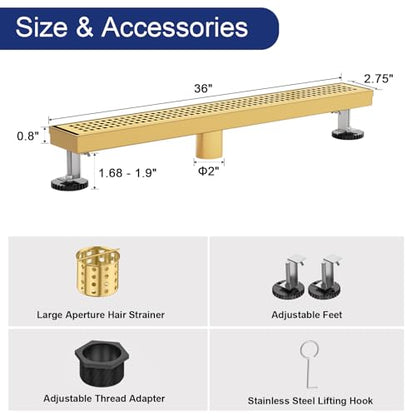 36 Inch Linear Shower Drain - Brushed Gold, with Removable Grate | AISI 304 Stainless Steel Shower Drain, Long Rectangle Shower Floor Drain with Adjustable Feet, Fits Bathroom & Balcony etc - color: Brushed Gold, size: 36 in