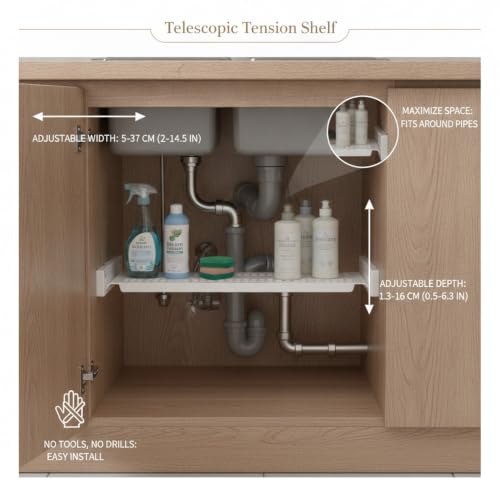 Adjustable Telescopic Tension Shelf for Under Sink Storage, No-Drill PP Plastic Cabinet Organizer Rack, White (1 Pack) - size: 14.84 x 4.72 x 0.71 in