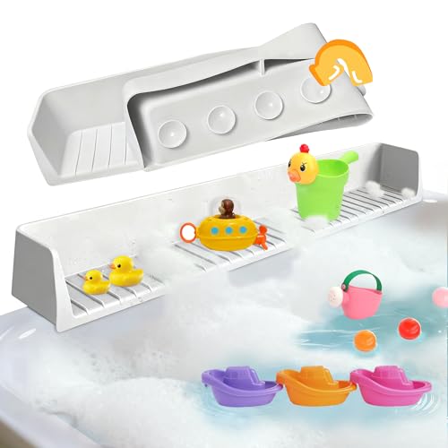 Longer Bathtub Splash Guard for Kids Adult - Bathtub Tray 31IN Silicone Bath Tub Tray Shelf with 11 Suction Cups, Bathtub Accessories Bath Toy Holder Play Shelf , Sink Side Splash Guard Tray, Gray