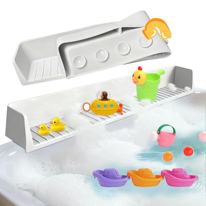 Longer Bathtub Splash Guard for Kids Adult - Bathtub Tray 31IN Silicone Bath Tub Tray Shelf with 11 Suction Cups, Bathtub Accessories Bath Toy Holder Play Shelf , Sink Side Splash Guard Tray, Gray