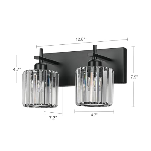 Black Crystal Bathroom Vanity Lights, Modern 2-Lights Bathroom Lighting Fixtures Over Mirror, Crystal Wall Lighting with Round Shade - color: Black-Round Shade, size: 2-Light