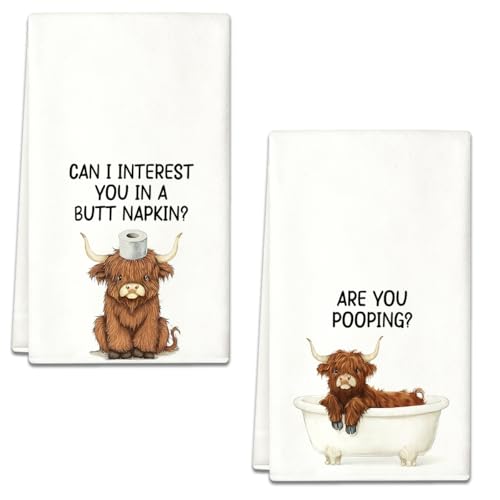 2Pcs Are You Pooping Funny Highland Cow Hand Towels Gifts for Cow Lovers | Waffle Weave Hand Tea Dish Towels for Farmhouse Home Kitchen Bathroom,Highland Cow Decor,14''×23'' - color: Butt