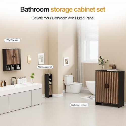 Bathroom Wall Cabinet,Wooden Medicine Cabinet with Fluted Doors Over The Toilet Storage Cabinet with Adjustable Shelf for Bathroom (Black) - color: Black-wood Block