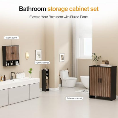 Bathroom Wall Cabinet,Wooden Medicine Cabinet with Fluted Doors Over The Toilet Storage Cabinet with Adjustable Shelf for Bathroom (Black) - color: Black-wood Block
