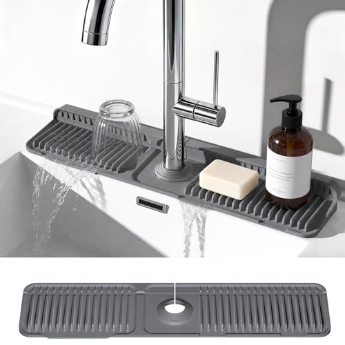 24 Inch Faucet Mat for Kitchen Sink, Silicone Splash Guard for Kitchen Sink Area, 7° Slope Fast Self-Draining Sink Mat, Cuttable Hole Design, Sink Backsplash Guard Draining Mat, Dark Grey - color: Dark Grey