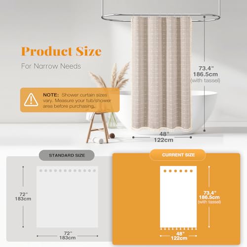 BTTN 48x72 Boho Farmhouse Linen Heavy Duty Shower Curtain Set, Tan/Taupe | Stall Size, 330GSM Linen Blend, 3-side Tassels, Water Repellent Fabric, 8 Plastic Hooks, Rustic Bohemian, Machine Washable - color: Taupe, size: 48"W x 72"L (Pack of 1)