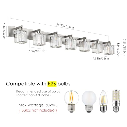Aipsun Brushed Nickel Bathroom Light Fixtures Crystal Vanity Lighting Fixture Modern Bathroom Vanity Light 7 Light (Exclude Bulb) - color: Brushed Nickel, size: 58 inch