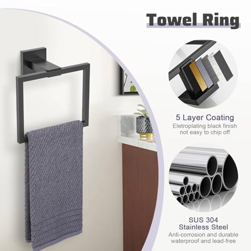 Matte Black Towel Bar Set 5-Piece Bathroom Hardware Accessories Set,23.6 Inch Modern Towel Holder Set SUS304 Stainless Steel Towel Rack Set for Bathroom,Wall-Mounted - color: 5-pcs Black