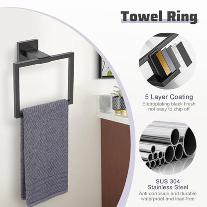 Matte Black Towel Bar Set 5-Piece Bathroom Hardware Accessories Set,23.6 Inch Modern Towel Holder Set SUS304 Stainless Steel Towel Rack Set for Bathroom,Wall-Mounted - color: 5-pcs Black