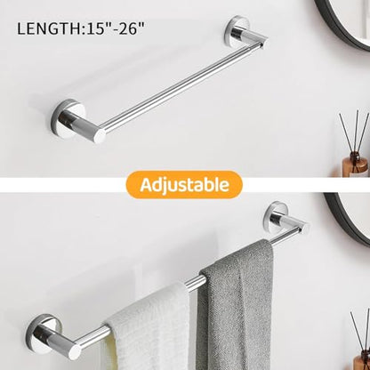 BESy Adjustable Towel Bar Towel Racks for Bathroom Rod Wall Mounted Chrome | Adjust 15" to 26" Rustproof, Stainless Steel Towel Holder, Wall Mounted for Bathroom Accessories, Heavy Duty, Space Saving - color: Polished Chrome