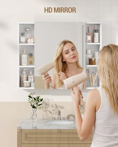Hzuaneri Bathroom Cabinet with Mirror, Wall Cabinet with Storage Space | Wall Mounted with Reversible Install Storage Space,6 Open Compartments,3 Hidden Storage Shelves,Hooks,6.5"Dx25.6"Wx 31.5"H