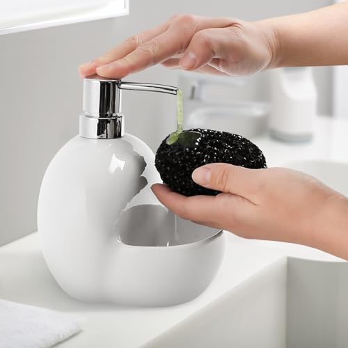 RQYIXI Round Ceramic Dish Soap Dispenser with Sponge Holder, White, 15 Oz | caddy kitchen sink organizer mesh scrubber refillable pump countertop lotion bathroom vanity - color: Round White