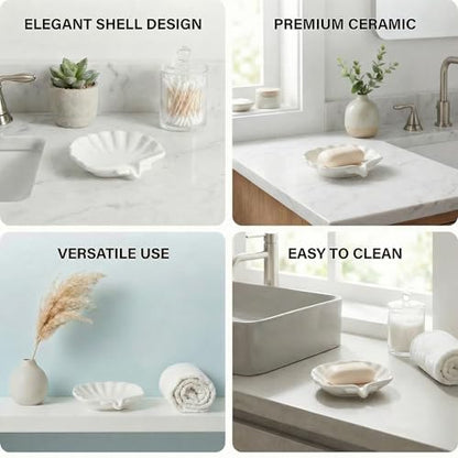 Ceramic Soap Holder, Sea-Shell Soap Tray with Self Draining, Soap Tray for Sink Washroom Bathroom Shower, Small Cute and Elegant Holder with Glaze, Easy Cleaning (White) - color: White