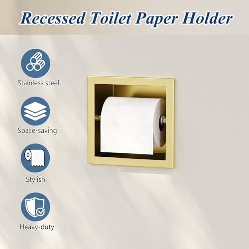 Neodrain Gold 304 Stainless Steel Recessed in Wall Toilet Paper Holder | Rustproof,Durable construction, Space-saving, Built-in Wall toilet paper Holder for Bathroom & RV - color: Gold, size: 6X6In