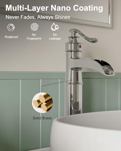 BWE Vessel Sink Faucet Chrome Polished Waterfall Spout Tall Body 1 Hole | Tall Bathroom Faucets with Pop Up Drain Assembly Without Overflow Supply Lines Lavatory Vanity Faucets Commercial - color: Chrome