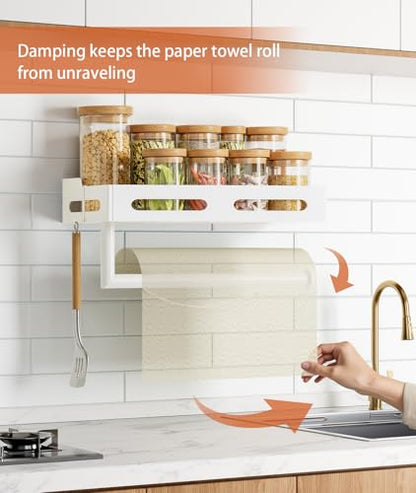 Paper Towel Holder Wall Mount with Shelf, Easy One Hand Tear, Adhesive Glue or Drill Mount Hanging Paper Towel Holder with Shelf for Kitchen/Bathroom/RV, White Metal, 4 Hooks - color: White