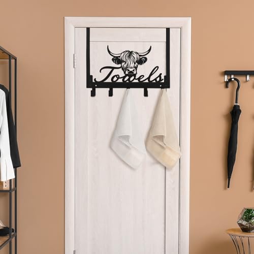 Kathfly Cute Chibi Highland Cow Over the Door Hooks Towel Hooks Heavy Duty Hanging Towel Rack Over Door Hanger, 5 Coat Hanger for Bedroom Bathroom Kitchen - color: Black, style: Cute Chibi Highland Cow