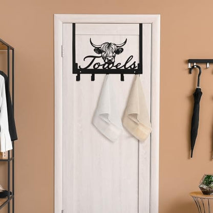 Kathfly Cute Chibi Highland Cow Over the Door Hooks Towel Hooks Heavy Duty Hanging Towel Rack Over Door Hanger, 5 Coat Hanger for Bedroom Bathroom Kitchen - color: Black, style: Cute Chibi Highland Cow