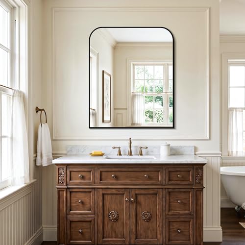Black Bathroom Vanity Mirror 36x30 Inch | Metal Framed Bathroom Mirror for over Sink, Living Room, Bedroom, Entryway, Mantel, Fireplace Decor, Wall Mounted - size: 36"L x 30"W