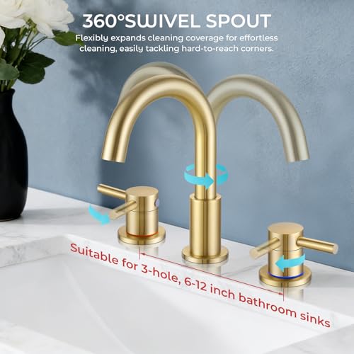 FGKQ 3-Hole 2-Handle Widespread Bathroom Sink Faucet, Brushed Gold | Stainless steel, pop-up drain included, 360°swivel spout, for vanity sink 3-hole mount, 8-in widespread - color: 1-Brushed Gold