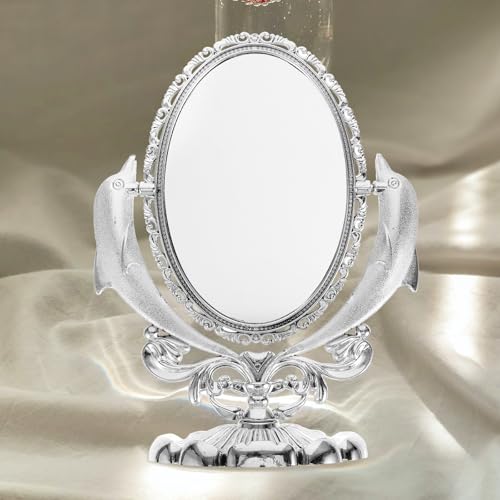 COLLBATH Double-Sided Makeup Mirror with Stand for Tabletop Use, Swivel Cosmetic Mirror with Reflection, Silver Plastic and Glass Material, Elegant Design for Dresser or Vanity