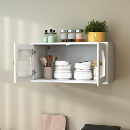 White Wall Mounted Cabinet, Glass Door Floating Bathroom Kitchen Organizer | Heavy-duty premium tempered glass panelling、Fixed internal shelves for wobble-free stability