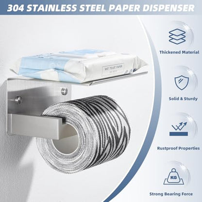 Toilet Roll Holder with Shelf, Brushed Nickel, 304 Stainless Steel | Phone & Small-Item Storage, Clean Modern Look, Guest Bathroom & Powder Room Use, Concealed Screw Mounting - color: Brushed Nickel, size: Single Rod