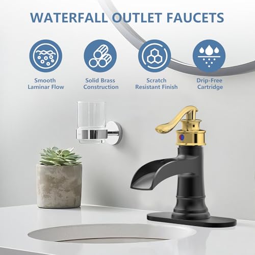 Bathroom Faucet Black and Gold Waterfall Bathroom Sink Faucets | Single Handle Rustic Vanity Farmhouse RV Faucet Suitable for 1 or 3 Holes with Pop-up Drain Deck Plate Hose by Homevacious - color: Gold & Black