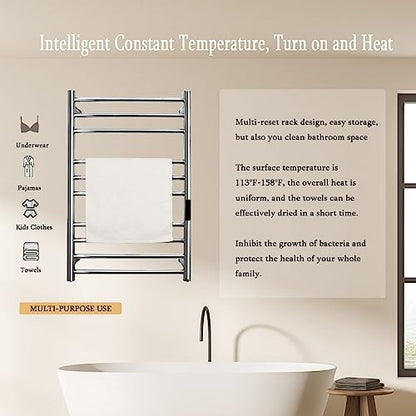 Towel Warmer Rack,Electric Heated Towel Rack Freestanding & Wall Mounted, Towel Warmer for Bathroom Standing 304 Stainless Steel,10 Bars Radiator with Timer,Plug-in,Silver - color: Silver